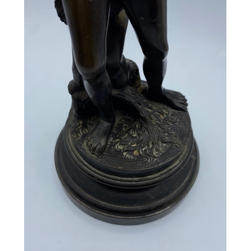 89 - Antique Bronze Statue of Athletic Youth and Child, weight 3.5kg and 33cm tall including wooden base