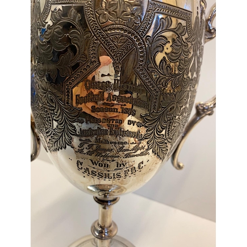 99 - Footbal Interest  Antique Australian Football Silver Plated Sporting Lidded Cup Presented in 1898, f... 