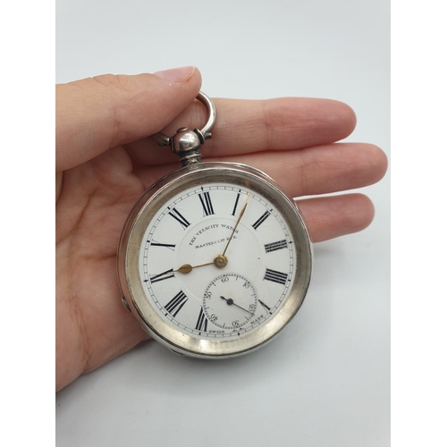 267 - Antique Silver Open Faced Pocket Watch, face showing 'The Veracity Watch' Masters Ltd Rye, white ena... 