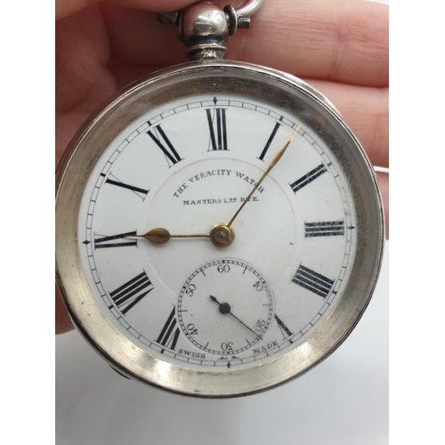 267 - Antique Silver Open Faced Pocket Watch, face showing 'The Veracity Watch' Masters Ltd Rye, white ena... 