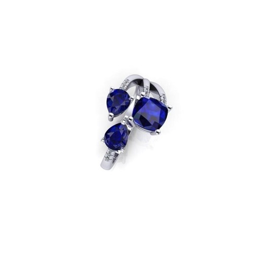 161 - Platinum custom made Ring with 3 Sapphire (3.02ct) and encrusted Diamonds, size O1/2 and weight 7.5g... 