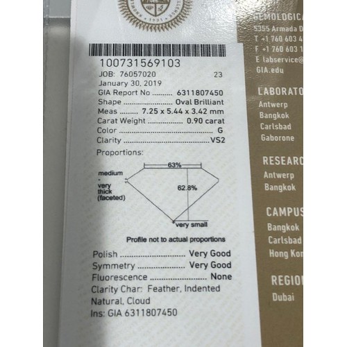 165 - 0.90ct Diamond Stone, Loose Stone oval cut G/VS2, GIA certificate 6311807450 (laser inscription of G... 