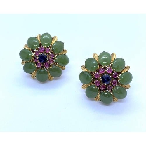 17 - Pair of 18K Gold Earrings with Jade Leaves, Pink Rubies surrounding a central Sapphire, weight 12.7g