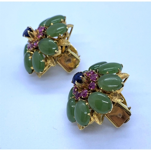 17 - Pair of 18K Gold Earrings with Jade Leaves, Pink Rubies surrounding a central Sapphire, weight 12.7g