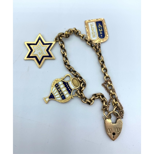 261 - A 9ct Rose Gold Charm Bracelet with 2x18ct and 1x14ct Israeli enameled charms and padlock with safet... 