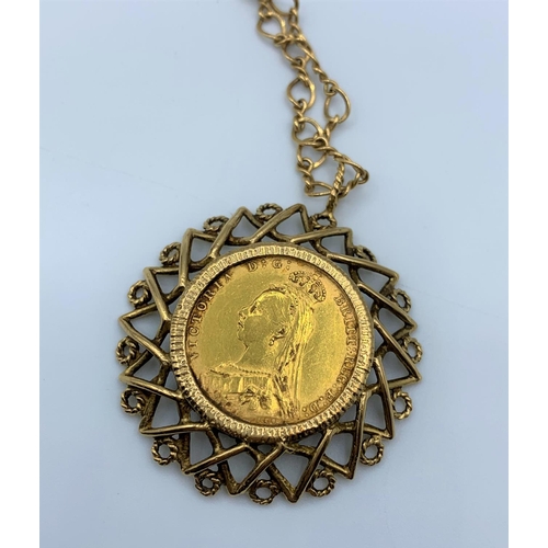 319 - 1892 Victoria Gold Sovereign set in a 9ct mount with a 33cm gold chain, total weight 19.6g.