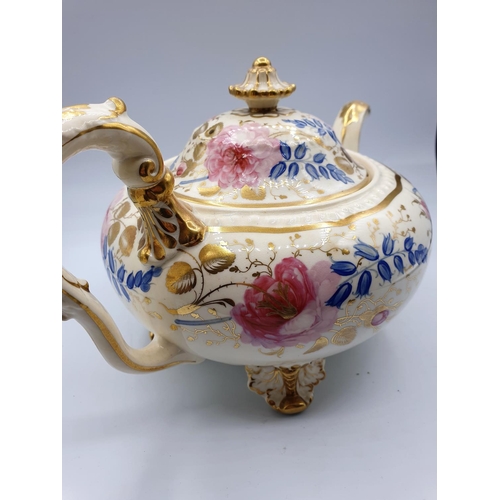 7 - H&R Daniel Fine Teapot and cover of 'Second Gadroon' Shape, painted with pink roses and bluebells in... 