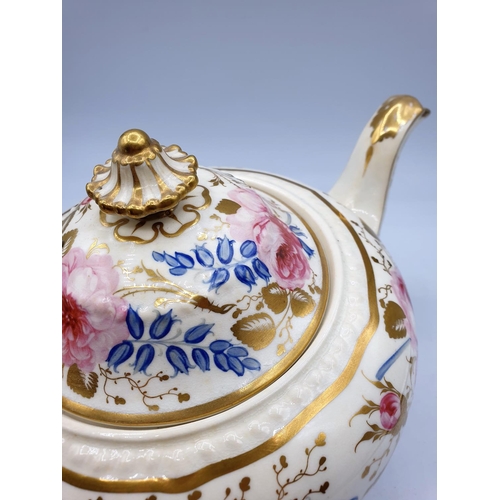 7 - H&R Daniel Fine Teapot and cover of 'Second Gadroon' Shape, painted with pink roses and bluebells in... 