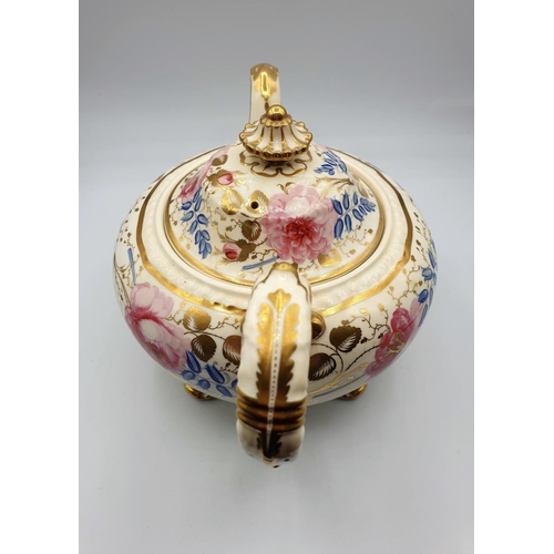 7 - H&R Daniel Fine Teapot and cover of 'Second Gadroon' Shape, painted with pink roses and bluebells in... 