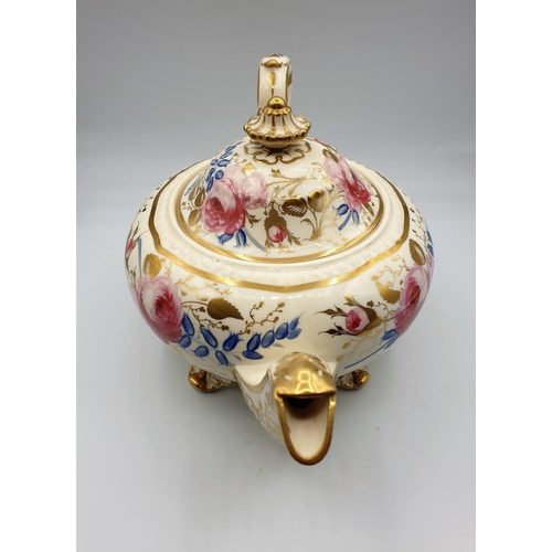 7 - H&R Daniel Fine Teapot and cover of 'Second Gadroon' Shape, painted with pink roses and bluebells in... 