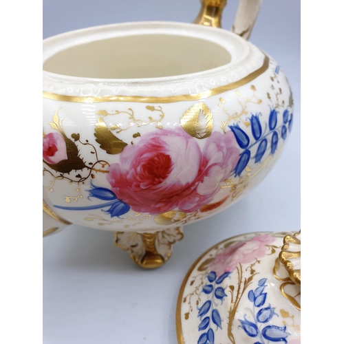 7 - H&R Daniel Fine Teapot and cover of 'Second Gadroon' Shape, painted with pink roses and bluebells in... 