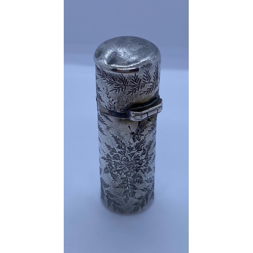 253 - 1882 Silver Scent Bottle with Bird and Woodland setting engraved, weight 34g and 6cm tall approx