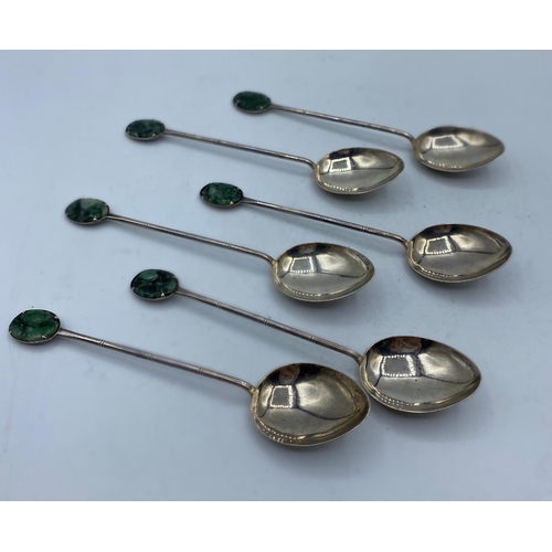 270 - Set of 6x Silver Coffee Spoons with Jade ends, weight 50g and 12cm long approx (6)