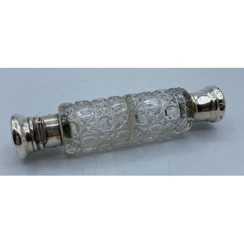 285 - Double Scent Bottle Cut Glass with Silver Lids (damaged lid A/F) 13cm long and weight 95g approx