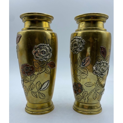 287 - Pair of 19th C Japanese Meiji period Antique Brass and Silver Vases, with copper flower heads and si... 