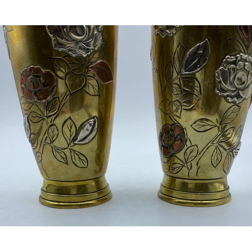 287 - Pair of 19th C Japanese Meiji period Antique Brass and Silver Vases, with copper flower heads and si... 