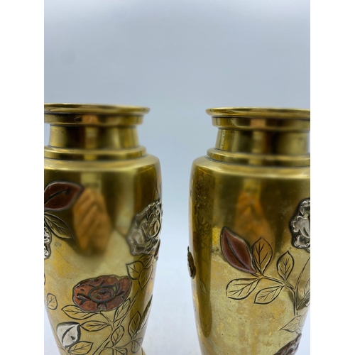 287 - Pair of 19th C Japanese Meiji period Antique Brass and Silver Vases, with copper flower heads and si... 