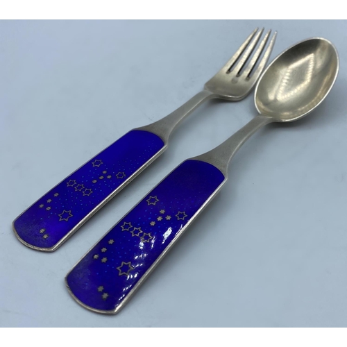 289 - Set of Danish Silver Fork and Spoon with enamel ends, weight 93g and 16cm long approx (2)