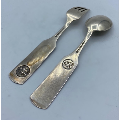 289 - Set of Danish Silver Fork and Spoon with enamel ends, weight 93g and 16cm long approx (2)