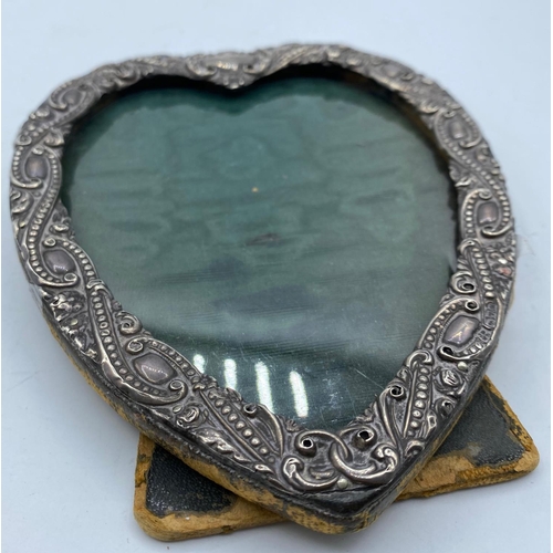 305 - Antique Silver Heart shaped Photo Frame with leather back stand, 16cm x 12cm approx.