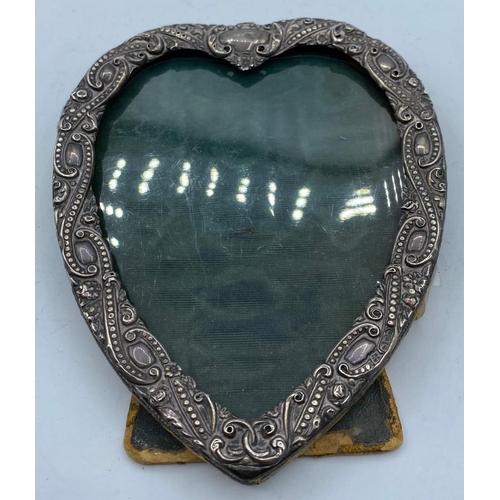 305 - Antique Silver Heart shaped Photo Frame with leather back stand, 16cm x 12cm approx.