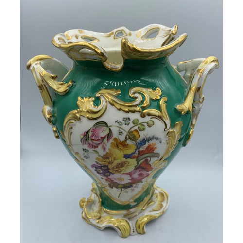 318 - Green Baroque style Vase with Floral print and handles, circa 1880, 23cm tall