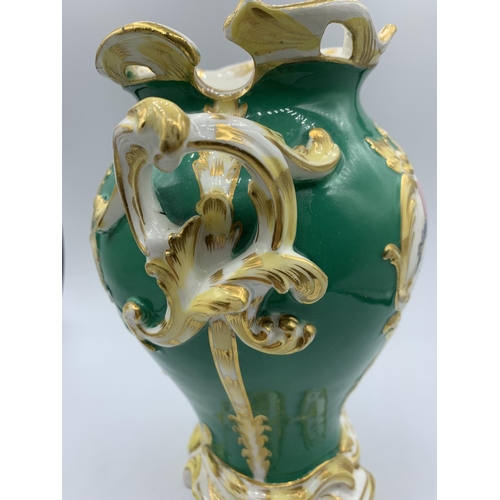 318 - Green Baroque style Vase with Floral print and handles, circa 1880, 23cm tall