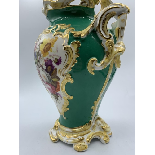 318 - Green Baroque style Vase with Floral print and handles, circa 1880, 23cm tall