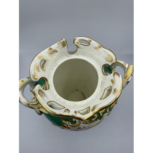 318 - Green Baroque style Vase with Floral print and handles, circa 1880, 23cm tall