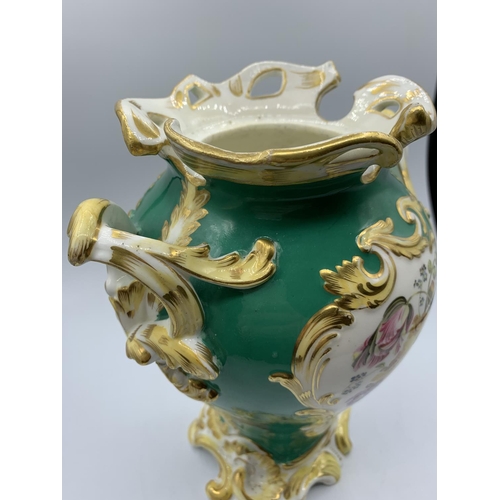 318 - Green Baroque style Vase with Floral print and handles, circa 1880, 23cm tall