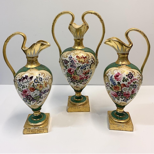 326 - 3 piece Set to include 2 Vases and a large Central Urn with Handles with Floral work to front of eac... 