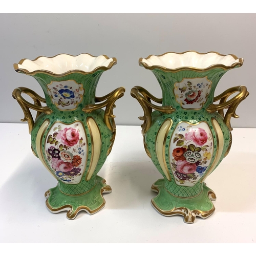 336 - Pair of Rococo style handled Urns in green with floral design to front and rear panels, 24cm tall (2... 