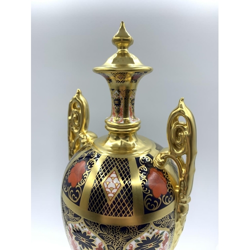 337 - Royal Crown Derby Fine Bone China Old Imari pattern 1128 Vase with ornate handles in perfect conditi... 