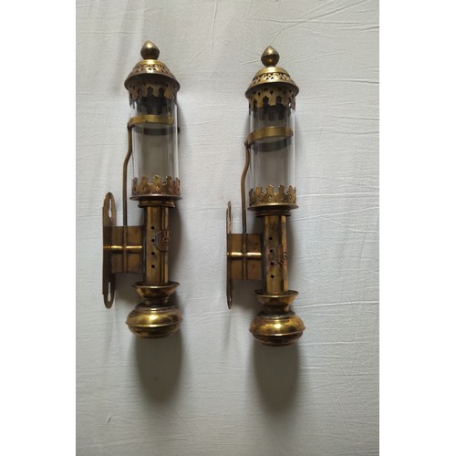 159 - GWR Railway Antique Brass Carriage Lamps or candle holders pair with original glass and sprung candl... 