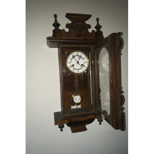 175 - Antique Vienna Regulator Chiming Clock  in working condition   80cm H x 354cm W approx with key & pe... 