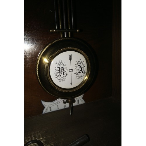 175 - Antique Vienna Regulator Chiming Clock  in working condition   80cm H x 354cm W approx with key & pe... 