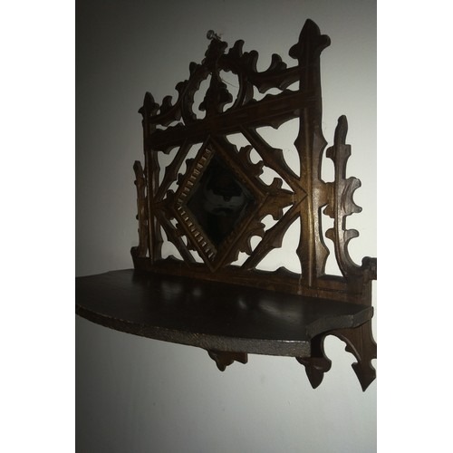 153 - Antique 19th C carved and pierced Mirror wall shelf. Ornately carved and detailed with original diam... 