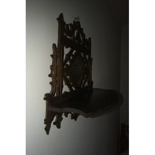 153 - Antique 19th C carved and pierced Mirror wall shelf. Ornately carved and detailed with original diam... 