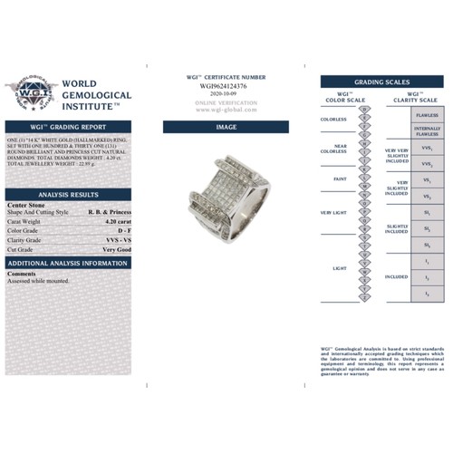 542 - 14K White Gold Ring with 4.20ct Diamonds (Princess and Round Brilliant Cut) WGI certificate, weight ... 