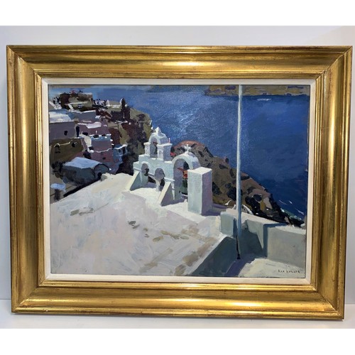 179 - Ken Howard Oil on Canvas Painting of 'The Bell Tower Santorini, Morning' , 60 x 45cm approx