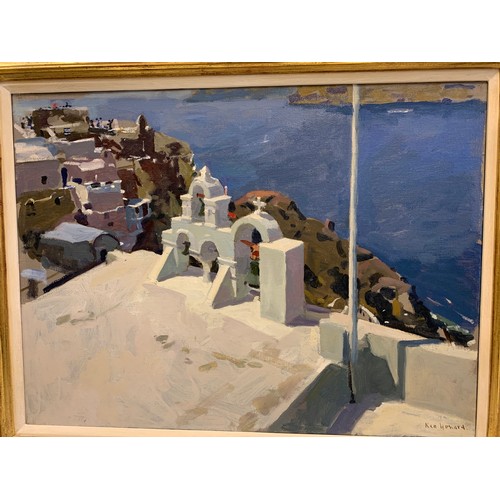 179 - Ken Howard Oil on Canvas Painting of 'The Bell Tower Santorini, Morning' , 60 x 45cm approx