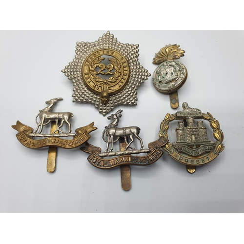 72 - 5 x British Infantry Cap Badges to include the Warwickshire ,Cheshire and Dorset regiments.