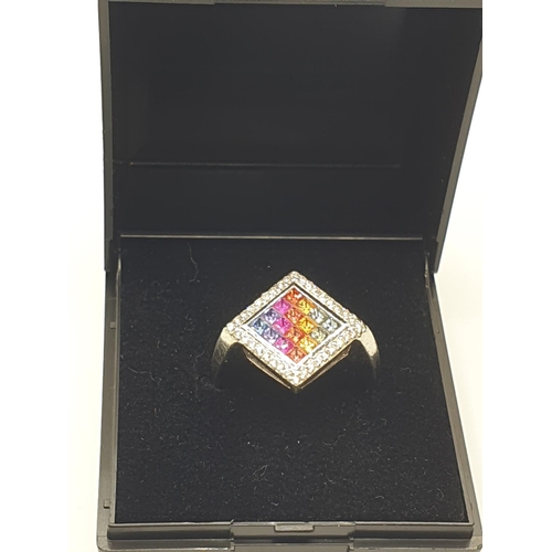 21 - Stone set 9ct White Gold Ring having various coloured gemstones to top of the square set mount, a di... 