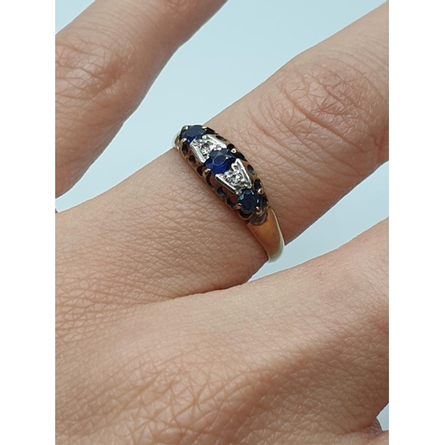 25 - Antique 18ct Yellow Gold Diamond and Sapphire Ring, platinum mount, size M/N and weight 2g approx