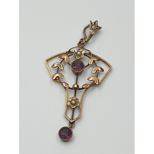 51 - 9ct Gold Edwardian Seed Pearl and Amethyst Pendant, weight 1.6g and 4.5cm long approx