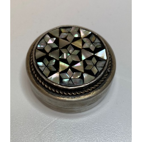 12 - Vintage Silver Pill Box with Inlaid Mother of Pearl Design Feature to lid, Mosaic Pattern Continenta... 