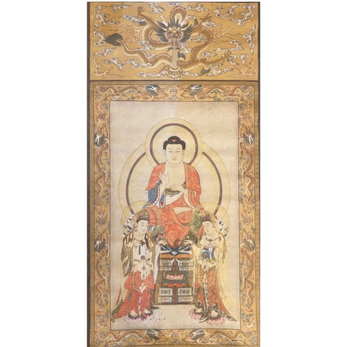 16 - Tibetan Thangka depicting “ Three saints of the west”, in the middle is Shakyamuni, sitting on a lot... 