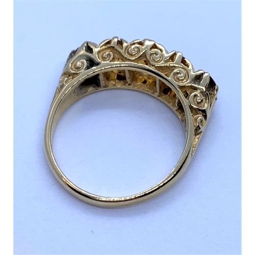 156 - 9k Yellow Gold Ring with 5 Graduated Citrine Stones, weight 4.8g and size Q.