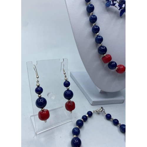 79 - One Lapis Lazuli and Red Coral Necklace, Bracelet and Earrings set together with another Lapis Lazul... 