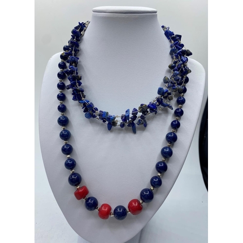 79 - One Lapis Lazuli and Red Coral Necklace, Bracelet and Earrings set together with another Lapis Lazul... 